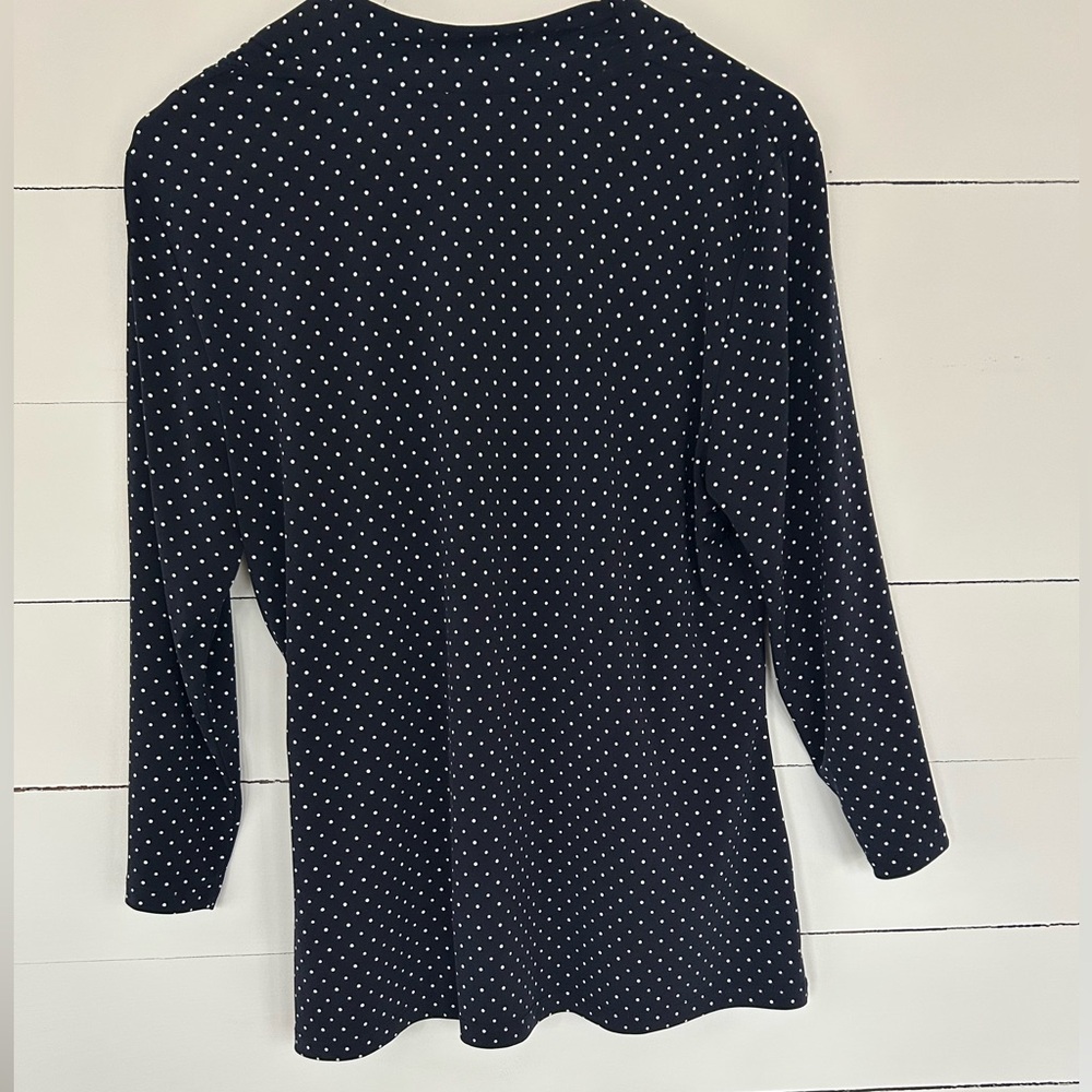 Style & Co. Blue Almost Black Wrap Top with Polka Dots & Gold Buckle, Size Large - Picture 2 of 4